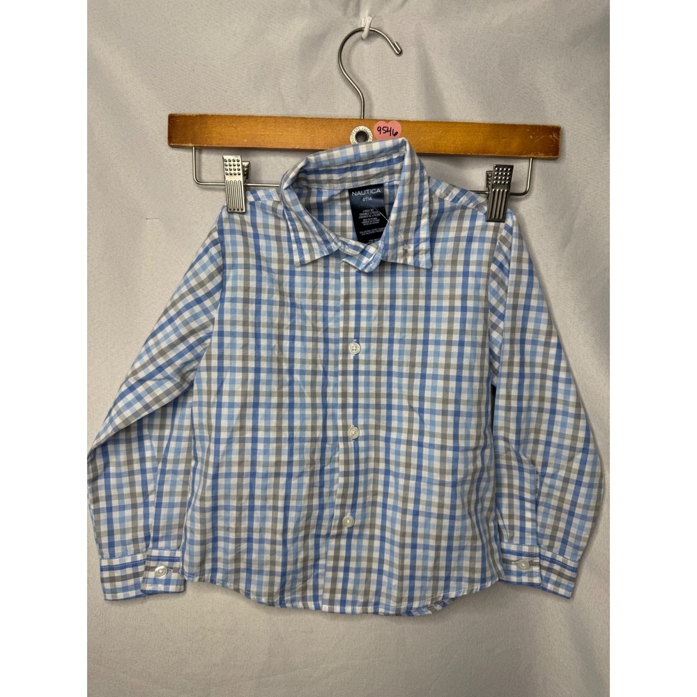 Nautica Boys Blue Grey White Plaid Long Sleeve Button Down Shirt Size 4T N335338
